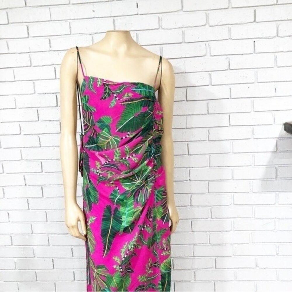 Farm Rio Pink Tropical Palm Leaf Print Ruched Side Spaghetti Strap Maxi Dress - Picture 6 of 10